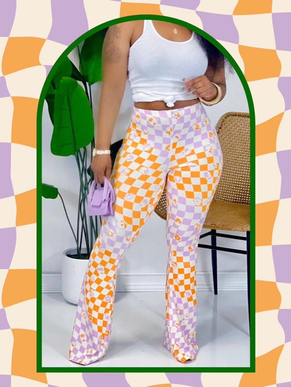 NEW Floral Wavy Checkerboard Groovy Retro Flared Long Pants Small - Picture 2 of 5